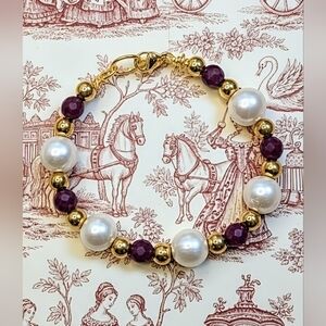 Genuine Red Ruby Stones & White Baroque Pearls In Classic Designed Bracelet
